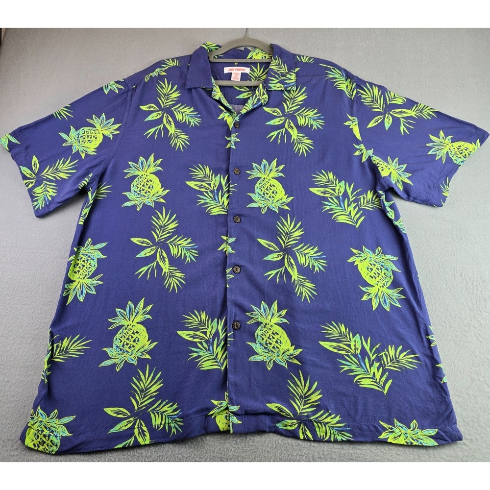 Joe Fresh Large Pineapple Hawaiian Shirt 100% Viscose Blue Tropical Resort Aloha